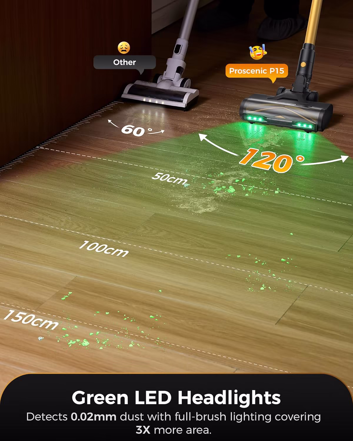 Proscenic P15 — powerful 55 kPa cordless vacuum with green laser and 70 min runtime — 6/9