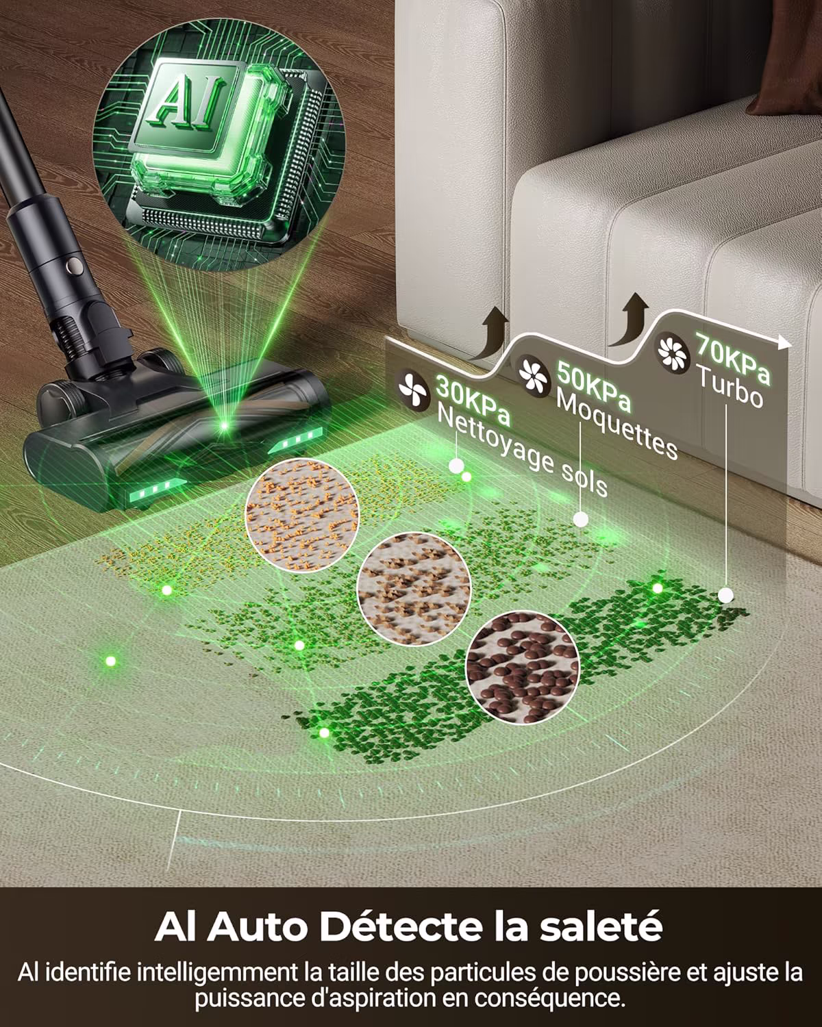 Proscenic P15 — aspirateur balai sans fil puissant 55 kPa avec laser vert et 70 min d'autonomie — 7/10