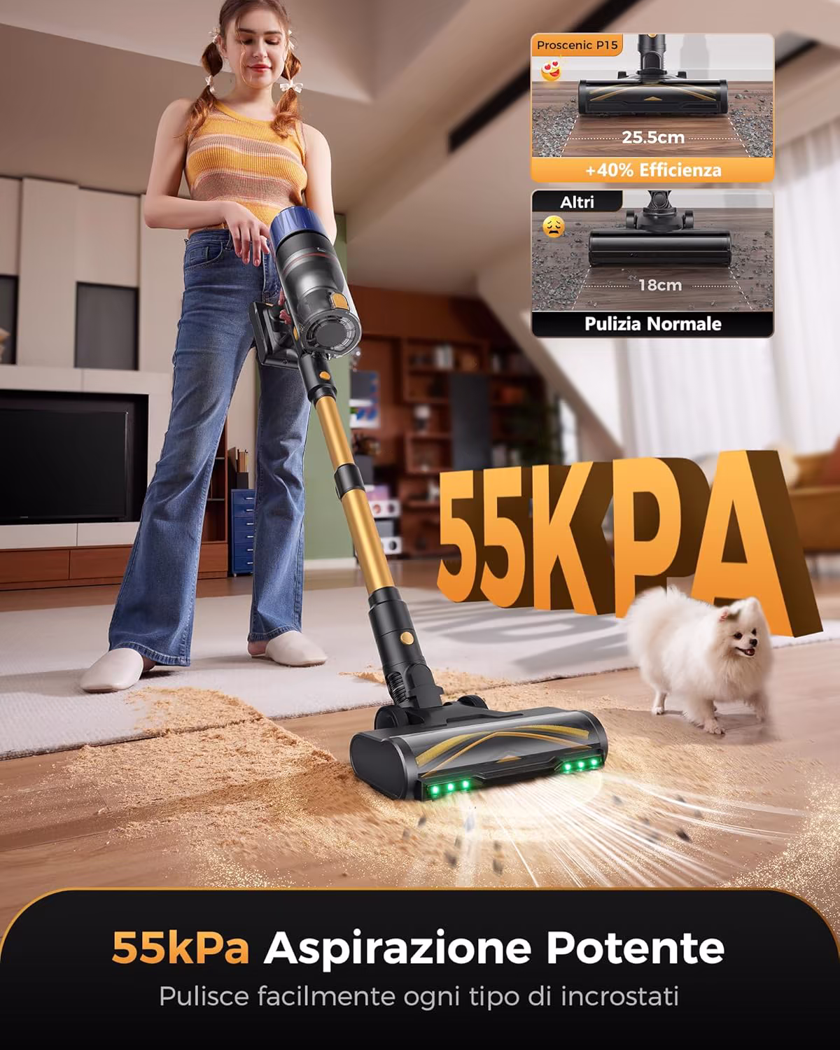 Proscenic P15 — aspirapolvere senza filo potente 55 kPa con laser verde e 70 min di autonomia — 2/10