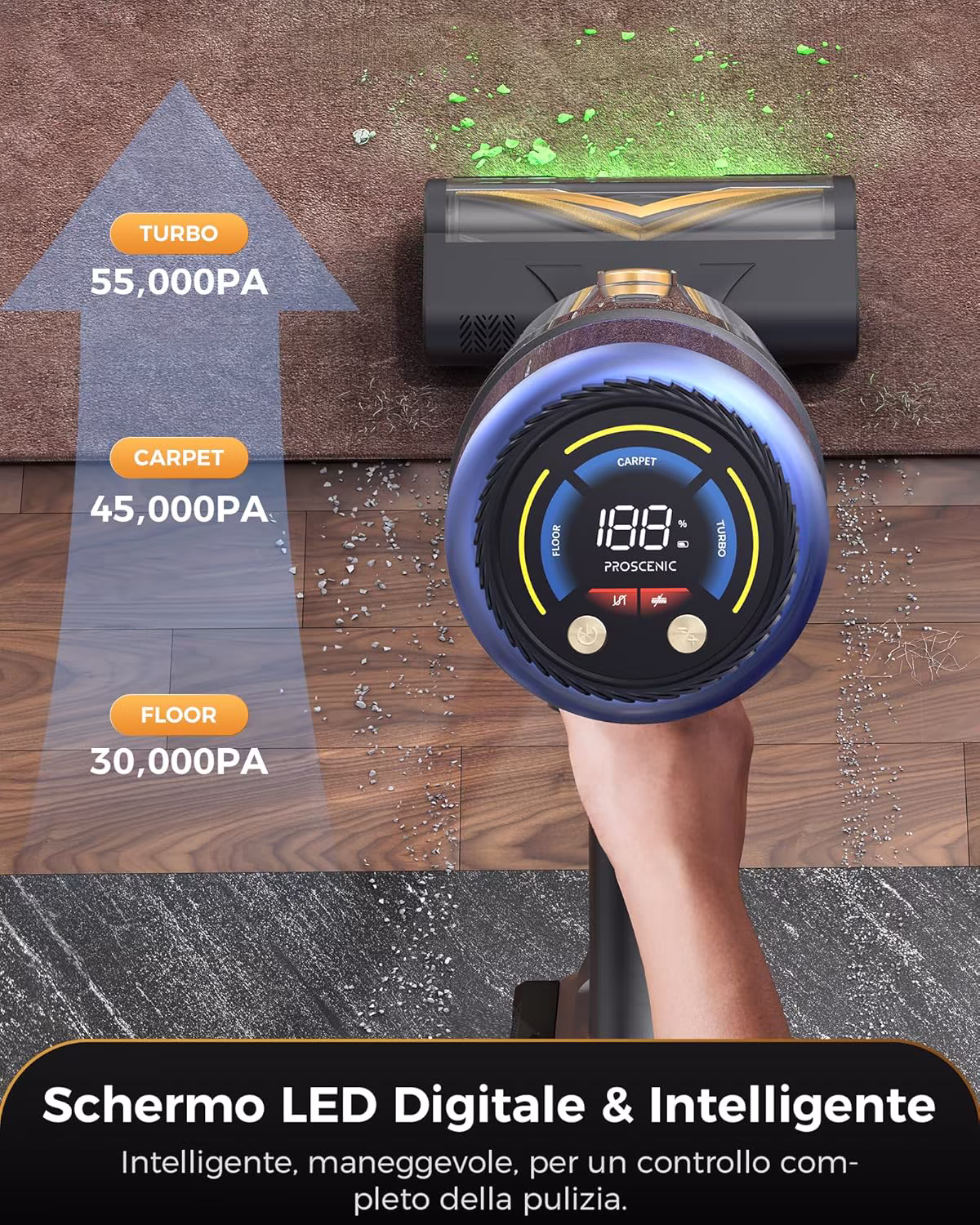 Proscenic P15 — aspirapolvere senza filo potente 55 kPa con laser verde e 70 min di autonomia — 8/10