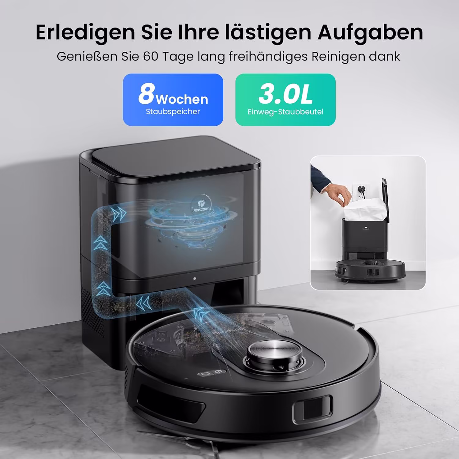 Proscenic Q8 Max — LiDAR Saugroboter 8000 Pa mit 3-L-Selbstentleerungsstation — 3/10